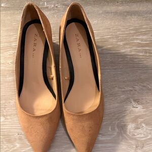 Zara Camel Suede Pointed-Toe with patent leather chunky heal